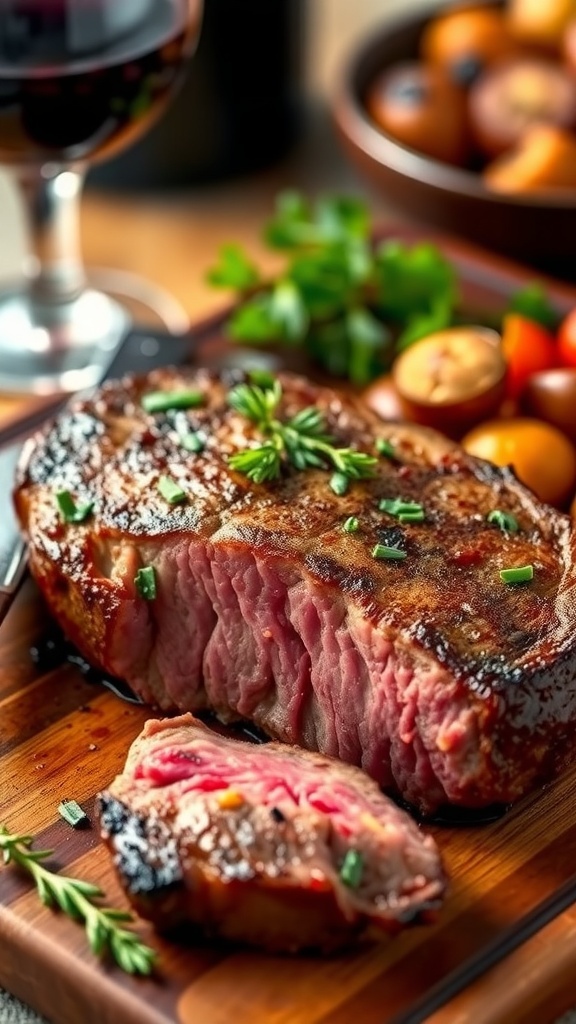 Perfect Air Fryer Steak Temperature Guide A juicy air fryer steak with a seared crust, garnished with herbs, on a cutting board with roasted vegetables.